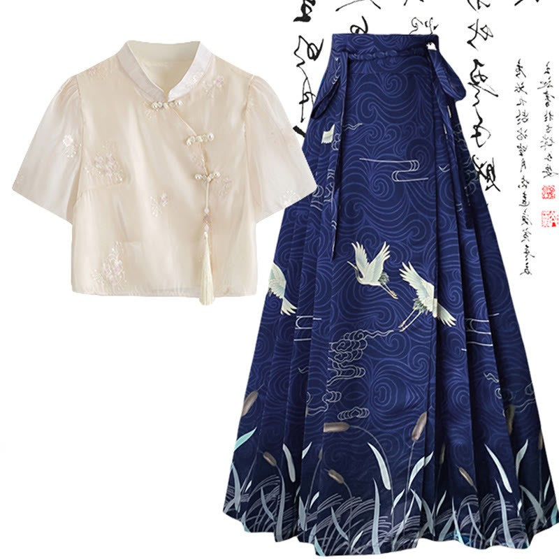 High Skirt Waist T-Shirt Print Pleated Bow