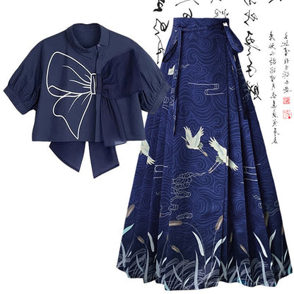 High Skirt Waist T-Shirt Print Pleated Bow