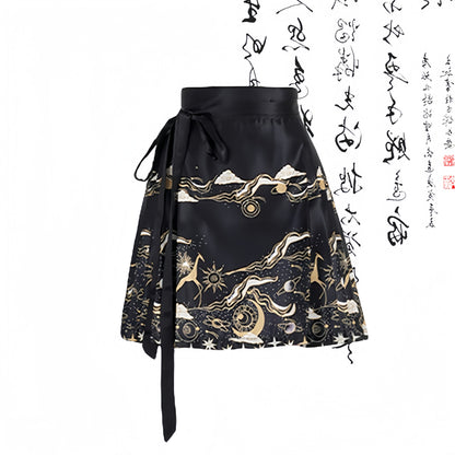 Pleated Buckle Lace-up Shirt Vintage Skirt