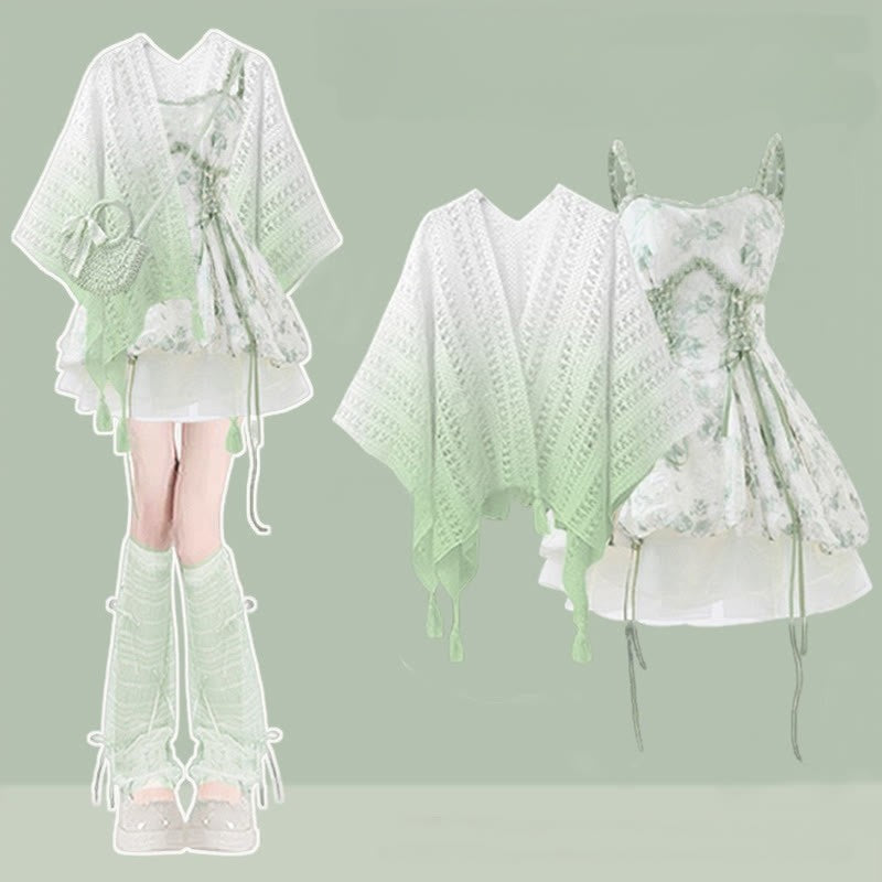 Slip Floral Dress Cardigan Gradient Set Print Two Pieces