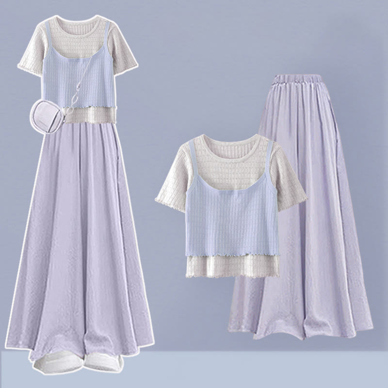 Pantskirt Pieces Top Fake Two Set Two-Piece Plaid