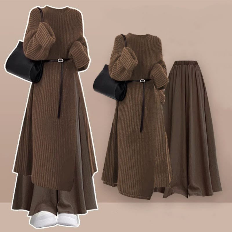 Belt Knit Plaid Skirt Two Dress Set Sweater Pieces