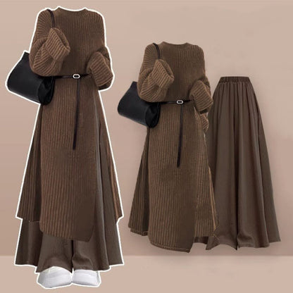 Belt Knit Plaid Skirt Two Dress Set Sweater Pieces