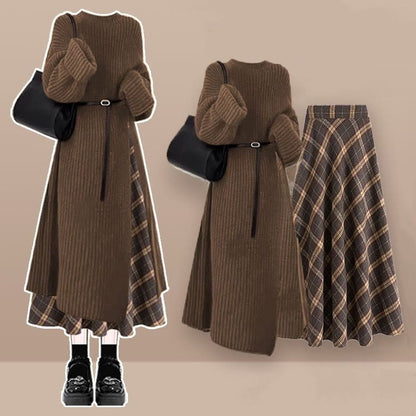 Belt Knit Plaid Skirt Two Dress Set Sweater Pieces