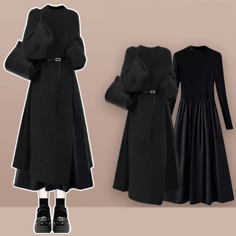 Sweater Pieces Dress Set Knit Two Black