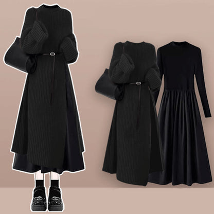 Sweater Pieces Dress Set Knit Two Black