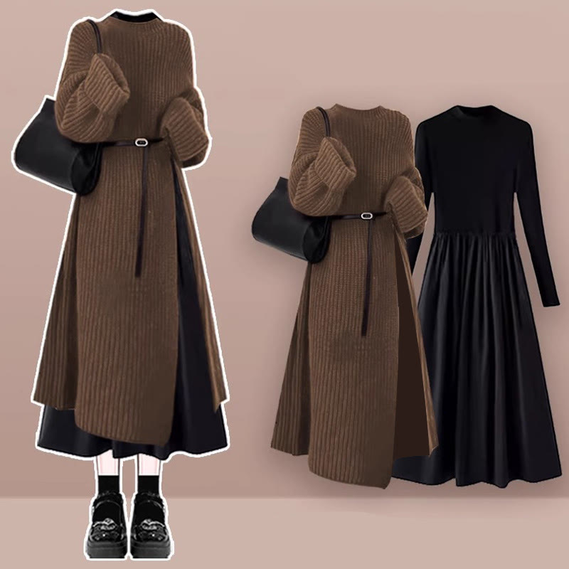 Sweater Pieces Dress Set Knit Two Black