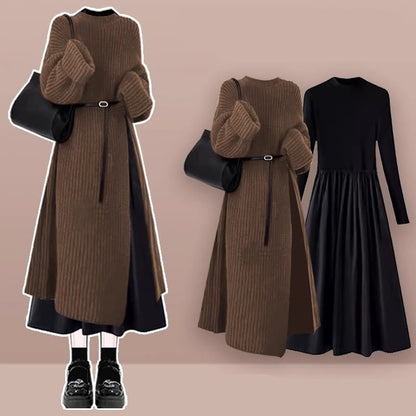 Sweater Pieces Dress Set Knit Two Black