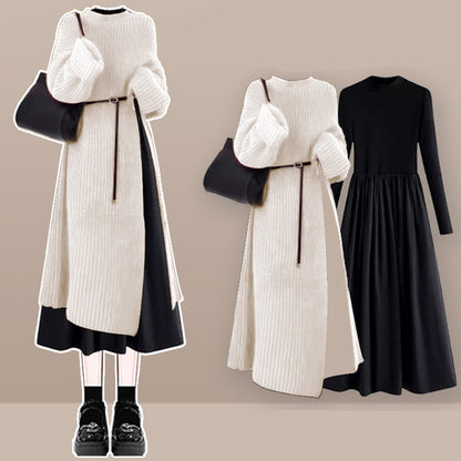 Sweater Pieces Dress Set Knit Two Black