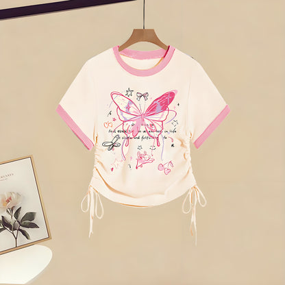 Set Overalls Letter T-shirt Two Drawstring Print Pieces Gradient Butterfly