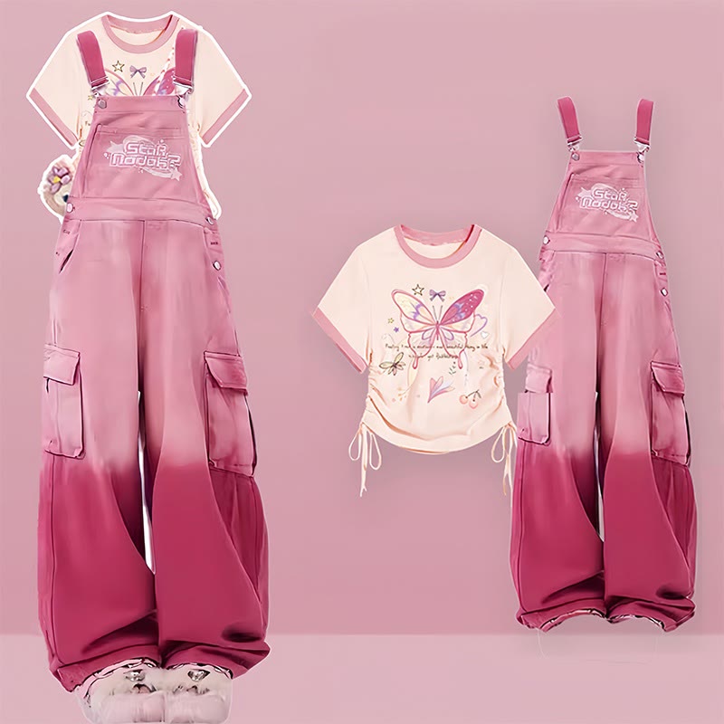 Set Overalls Letter T-shirt Two Drawstring Print Pieces Gradient Butterfly
