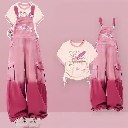 Set Overalls Letter T-shirt Two Drawstring Print Pieces Gradient Butterfly