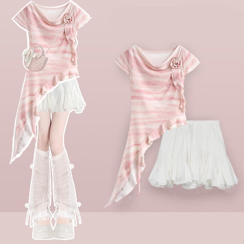 Puffy Pieces Top Skirt Flower 3D Two Irregular Set