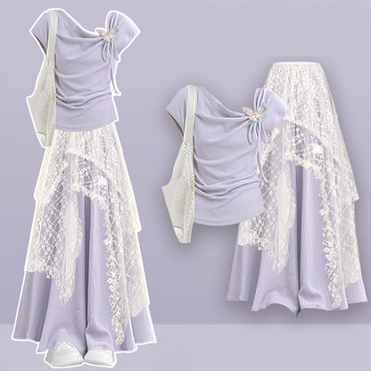 Leg Skirt Pantskirt Top Lace Set Three Wide Butterfly Pieces