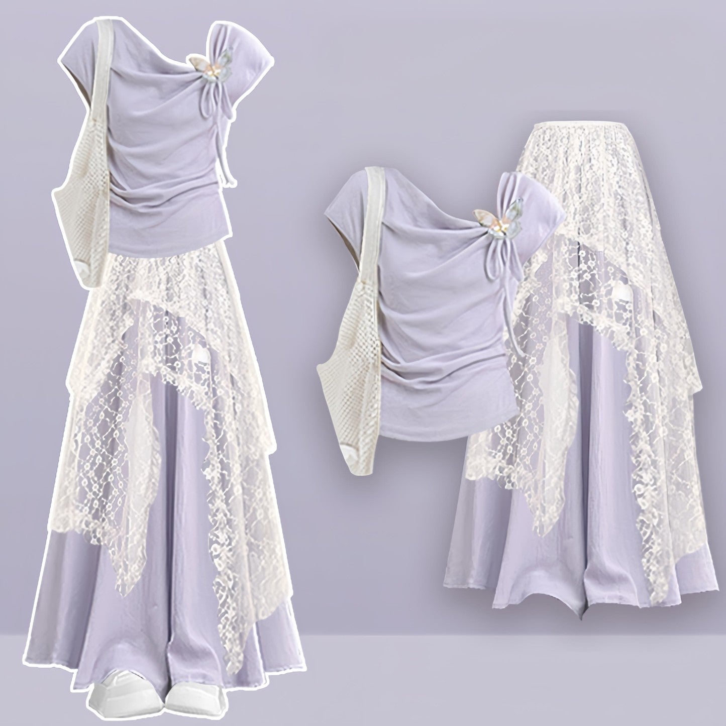 Leg Skirt Pantskirt Top Lace Set Three Wide Butterfly Pieces