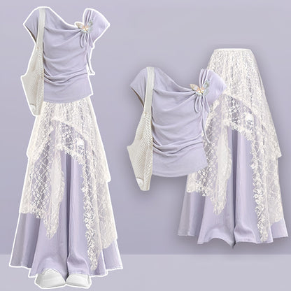 Leg Skirt Pantskirt Top Lace Set Three Wide Butterfly Pieces