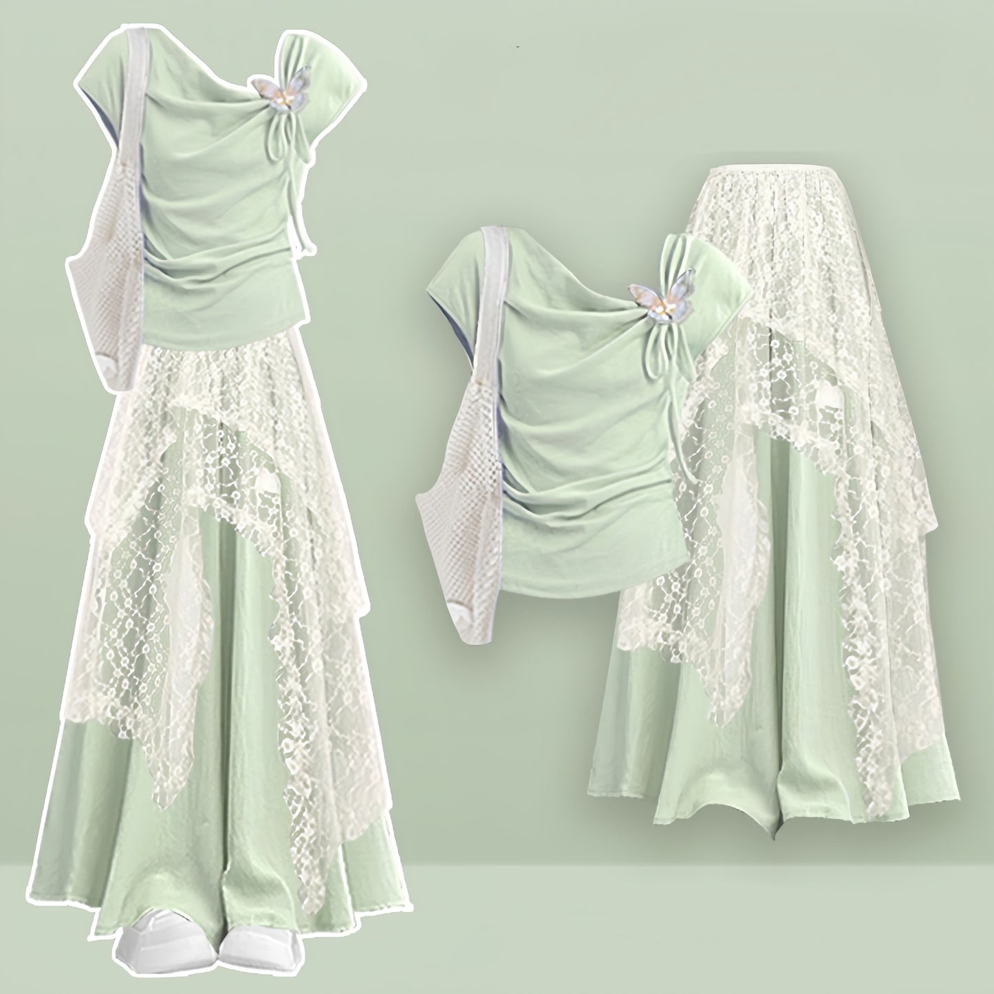 Leg Skirt Pantskirt Top Lace Set Three Wide Butterfly Pieces