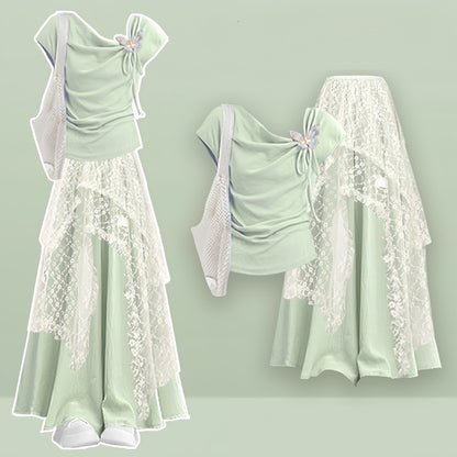 Leg Skirt Pantskirt Top Lace Set Three Wide Butterfly Pieces