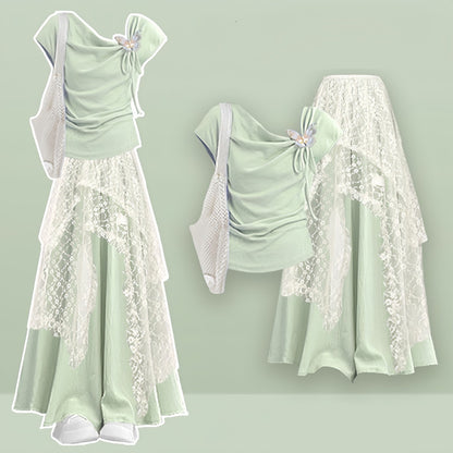 Leg Skirt Pantskirt Top Lace Set Three Wide Butterfly Pieces