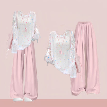 Print Set Coverup Plaid Pants Two Pieces Star