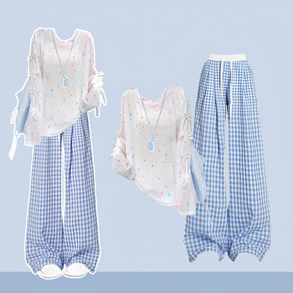 Print Set Coverup Plaid Pants Two Pieces Star