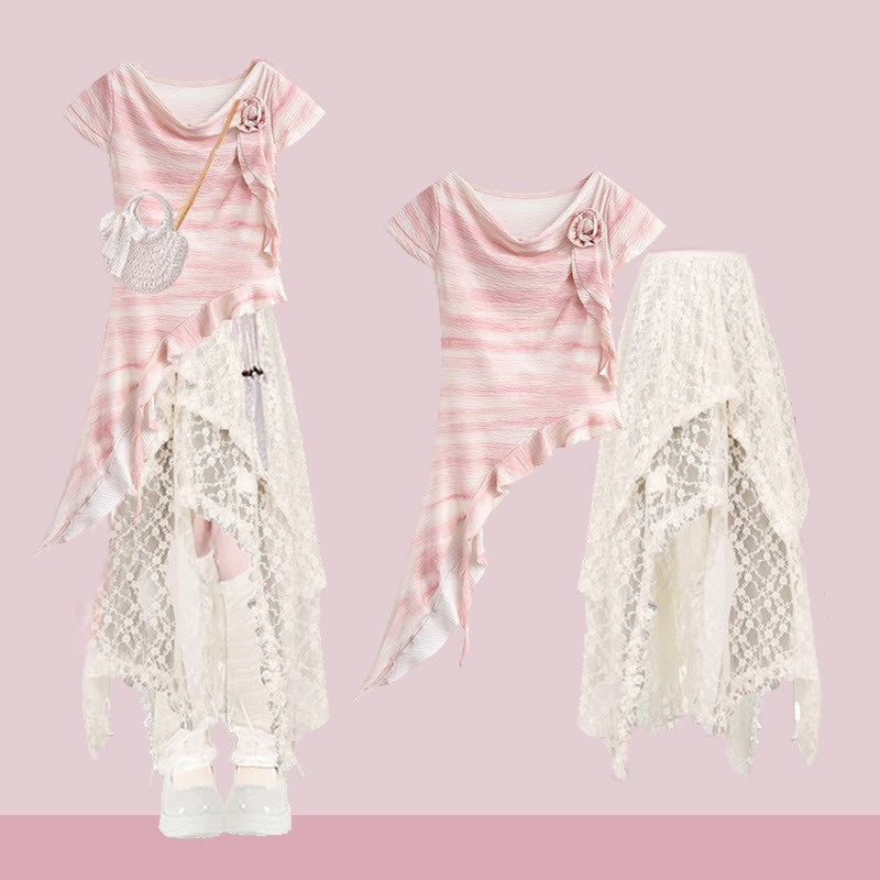 3D Flower Top Pieces Set Pantskirt Leg Two Irregular Wide