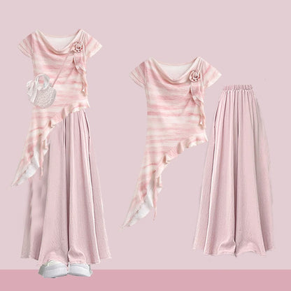 3D Flower Top Pieces Set Pantskirt Leg Two Irregular Wide