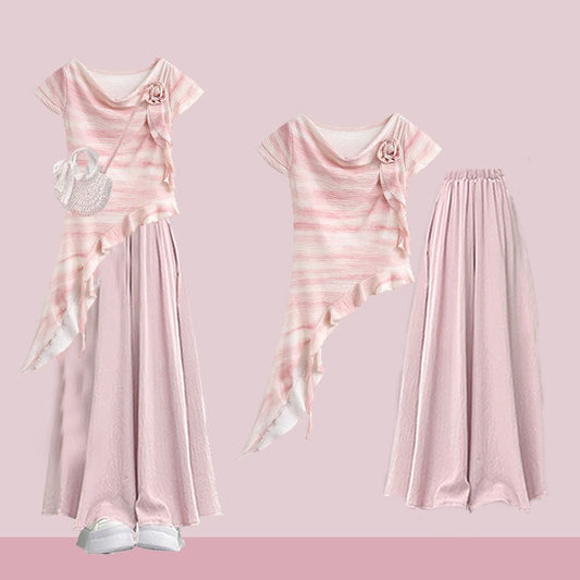 3D Flower Top Pieces Set Pantskirt Leg Two Irregular Wide