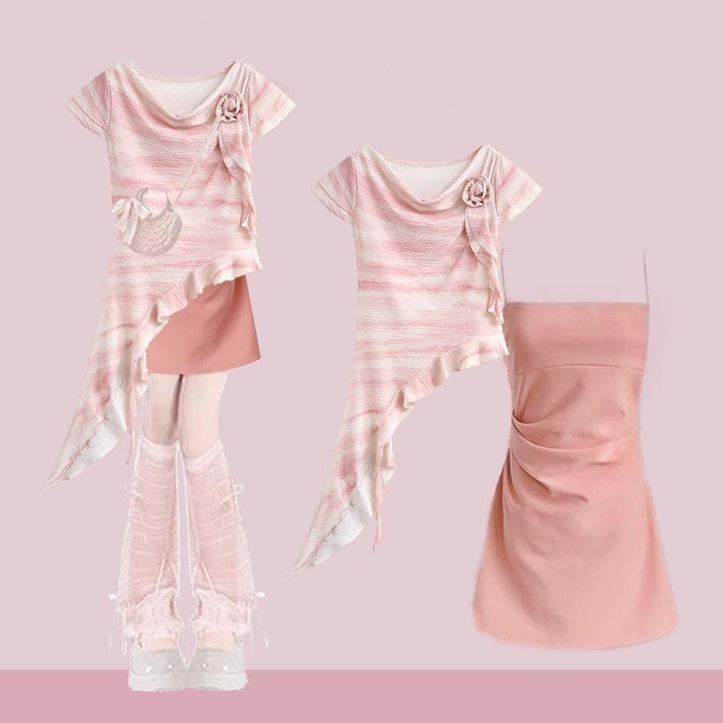 3D Flower Top Pieces Set Pantskirt Leg Two Irregular Wide