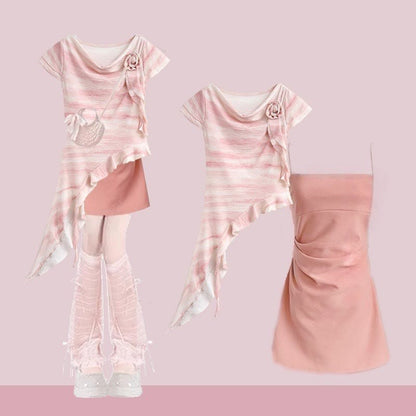 3D Flower Top Pieces Set Pantskirt Leg Two Irregular Wide