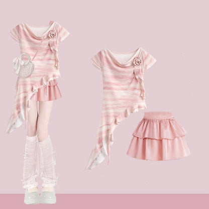 3D Flower Top Pieces Set Pantskirt Leg Two Irregular Wide