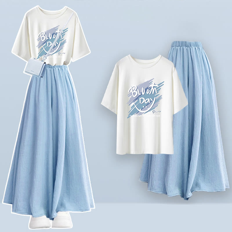 Set Leg Wide T-shirt Letter Two Pieces Pantskirt Print