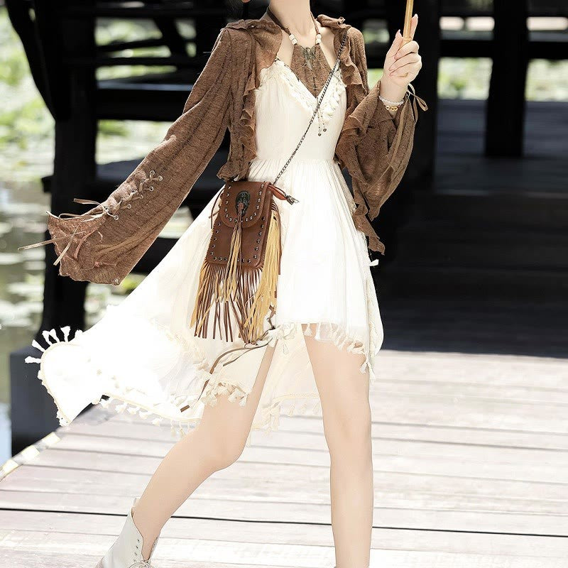 Two Pieces Slip Lace-up Vintage Dress Flounce Top