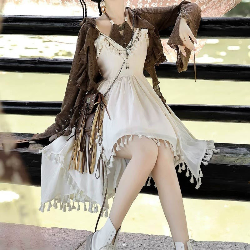 Two Pieces Slip Lace-up Vintage Dress Flounce Top