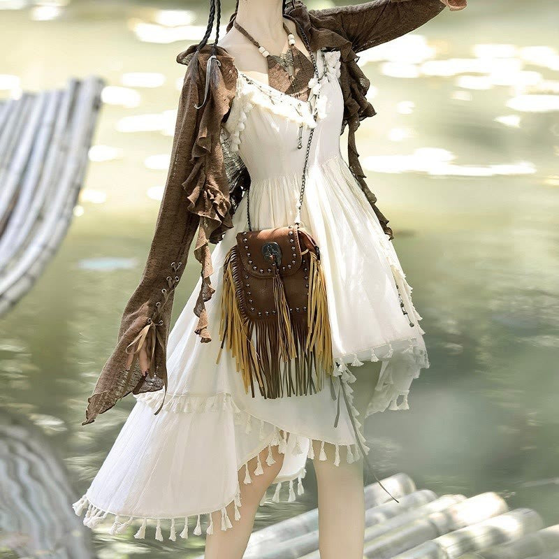 Two Pieces Slip Lace-up Vintage Dress Flounce Top