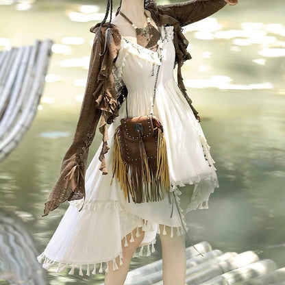 Two Pieces Slip Lace-up Vintage Dress Flounce Top