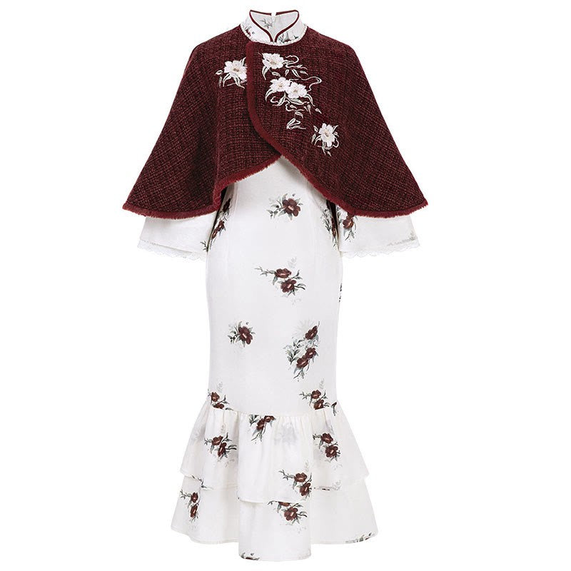 Pieces Buckle Two Vintage Flower Dress Cloak Embroidery