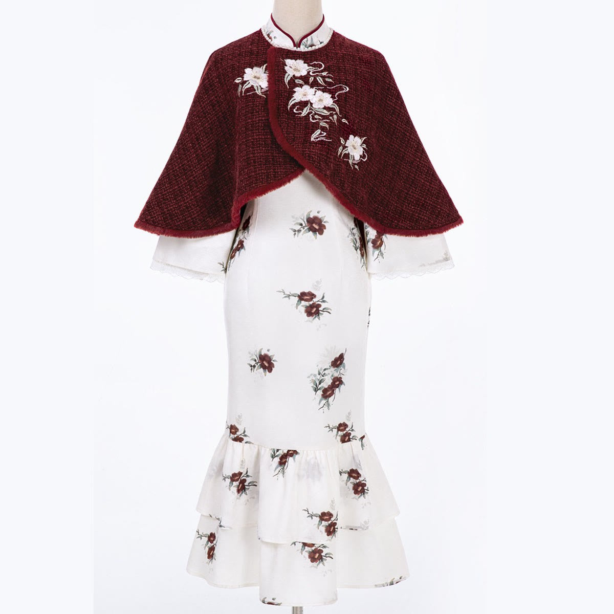 Pieces Buckle Two Vintage Flower Dress Cloak Embroidery