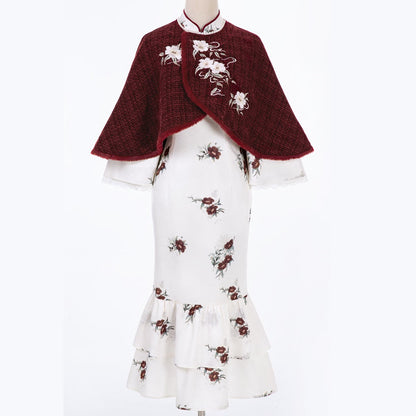 Pieces Buckle Two Vintage Flower Dress Cloak Embroidery