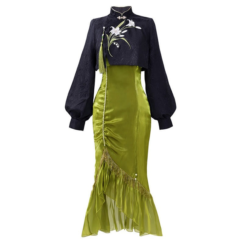 Pearl Dress Pieces Tassel Embroidery Top Two Vintage Flower