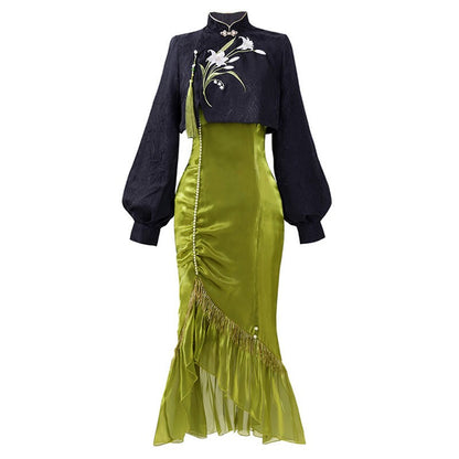 Pearl Dress Pieces Tassel Embroidery Top Two Vintage Flower