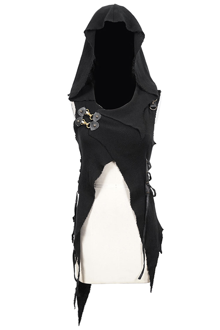 Hooded Asymmetric Gothic Sleeveless Top in Black - NoirEdge