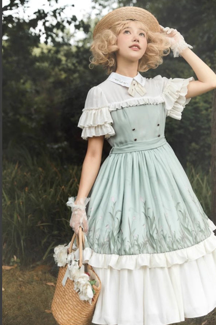 White and Green Lapel-Collar Wizard Of Oz Short-Sleeved Ruffled Bow-Trim Sweet Lolita Dress