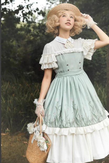 White and Green Lapel-Collar Wizard Of Oz Short-Sleeved Ruffled Bow-Trim Sweet Lolita Dress