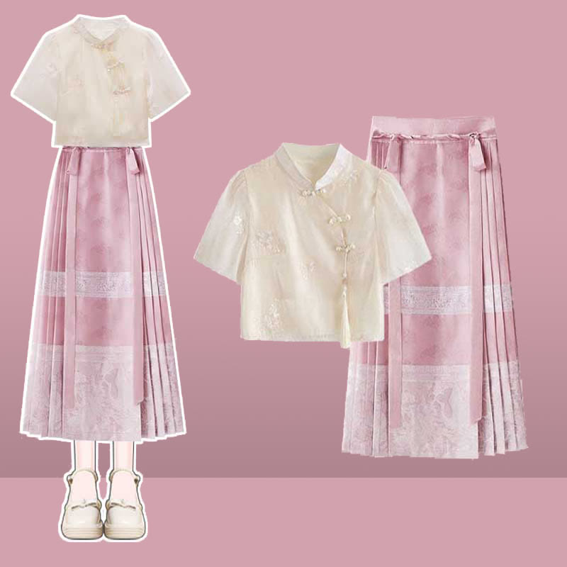 Chemise Hanfu vintage à boucle et jupe plissée avec broderie de grue rose