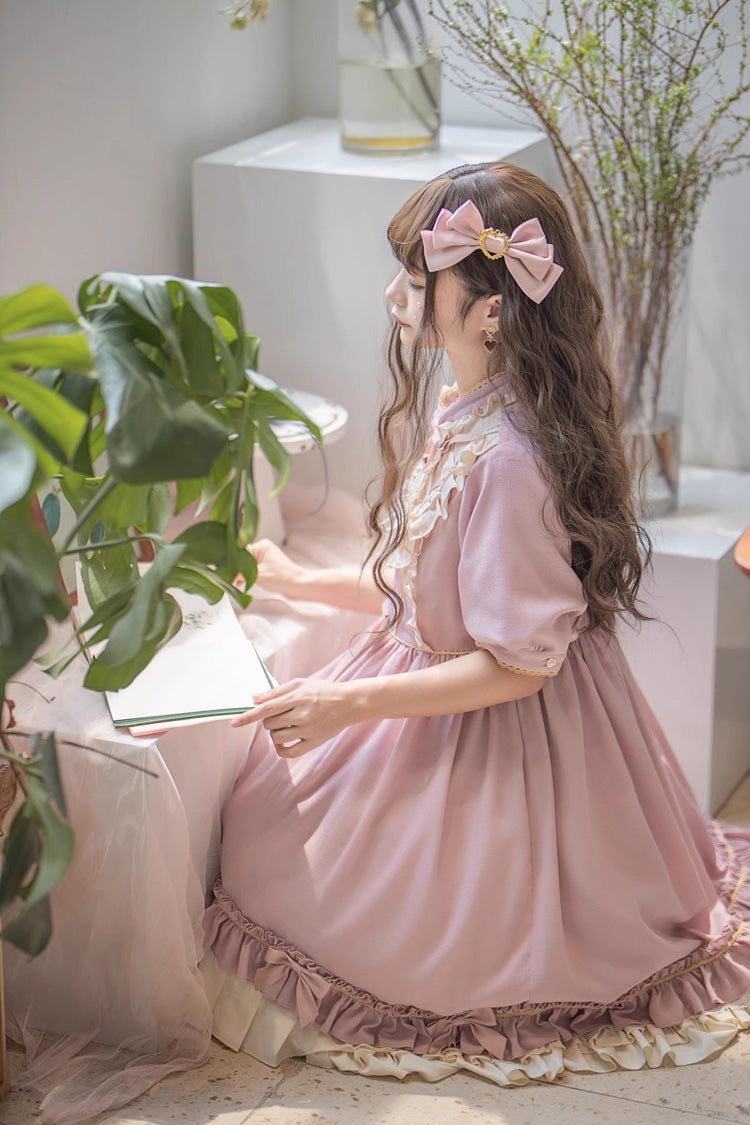 Pink Long Sleeves Ruffle Bow Daily Sweet Princess Lolita Dress