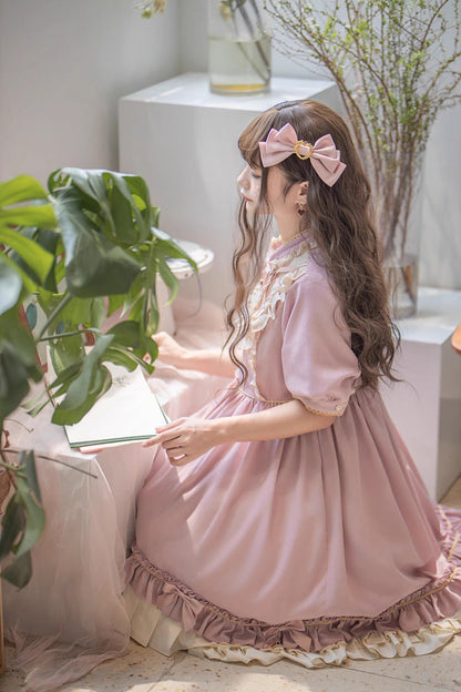 Pink Long Sleeves Ruffle Bow Daily Sweet Princess Lolita Dress