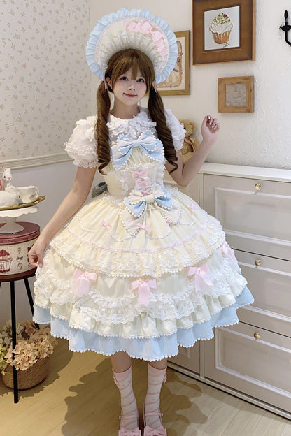 Fondant Cake Sleeveless Layered Ruffle Bow Lace Sweet Lolita JSK in Yellow Blue