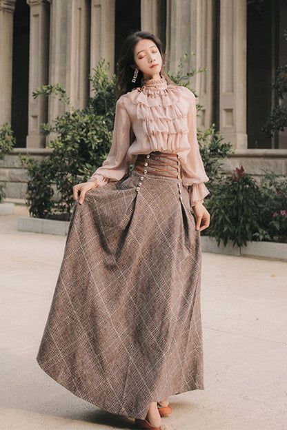 Pink Brown Stand Collar Long Lantern Sleeves Lace-Up Vintage Lolita Skirt Set