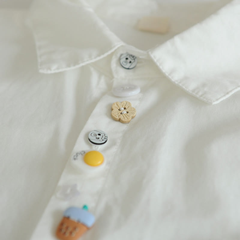 Cartoon Button Milk Tea Print Pocket Lapel Shirt